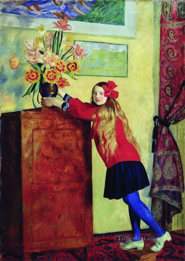 girl with flowers 1917 Boris Mikhailovich Kustodiev Oil Paintings